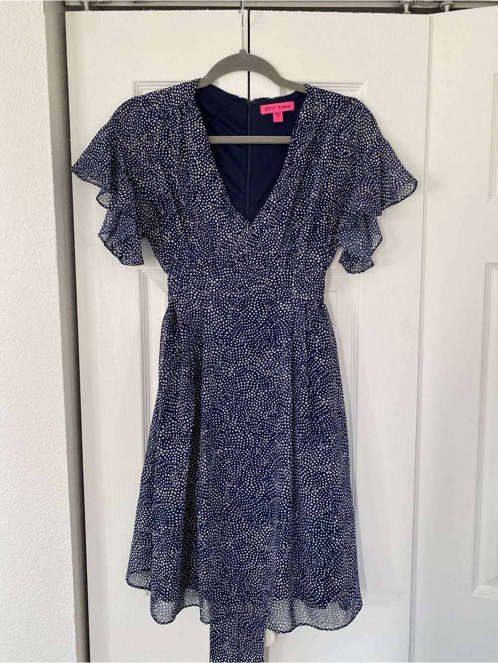 Betsey Johnson Navy White Polka Dot V-Neck Flutter Sleeve Dress